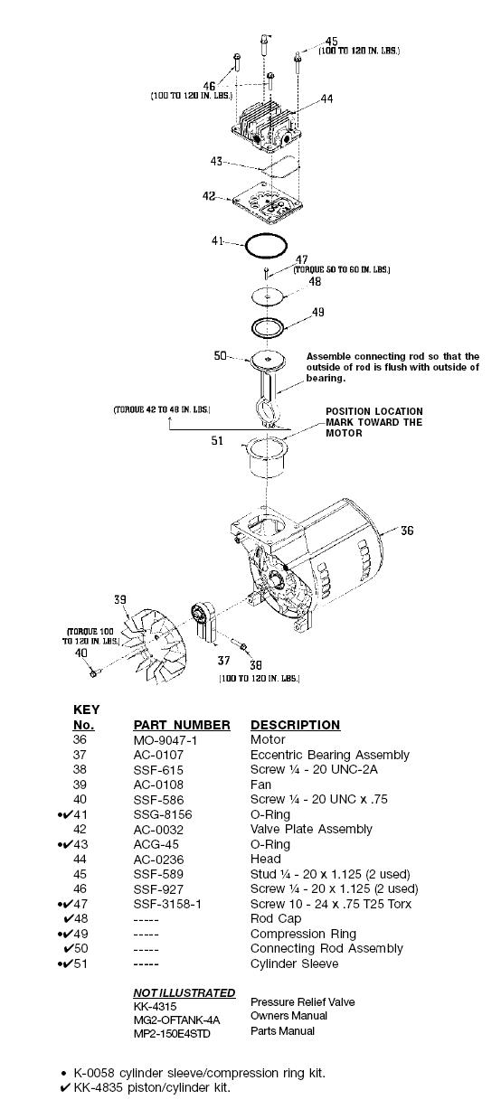 DEVILBISS OIL FREE AIR COMPRESSOR MODEL 150E4STD BREAKDOWN, PARTS LIST, REPLACEMENT PARTS, REPAIR KITS